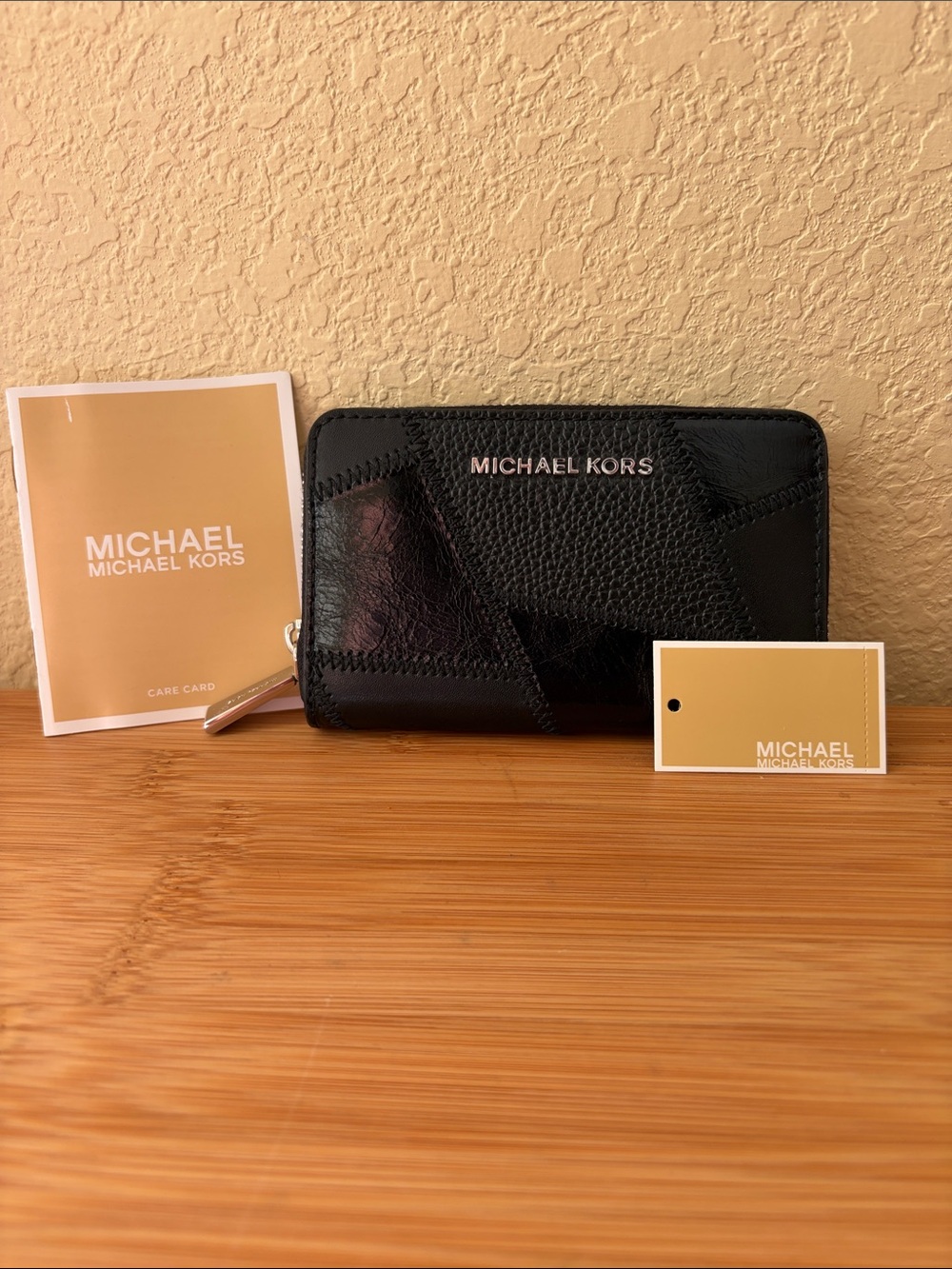 Michael Kors Black Patchwork Leather Card Case Zip Wallet